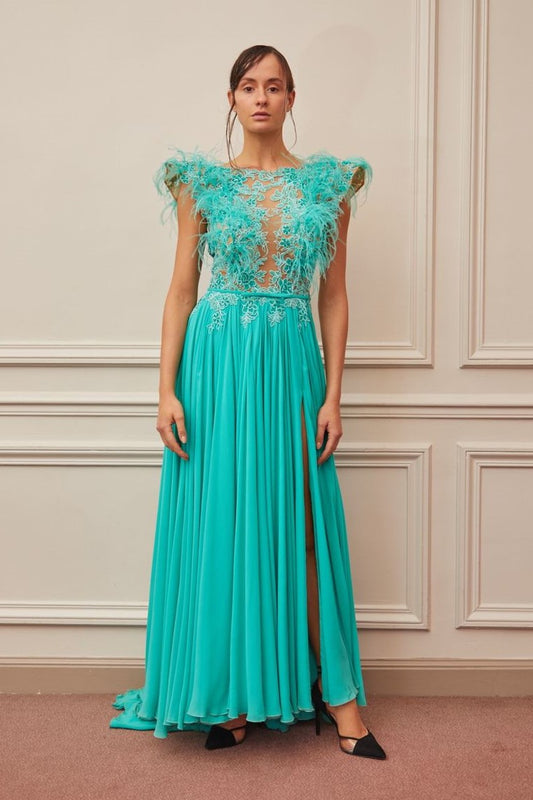 Feathered Cap Sleeve Pleated Slit Gown