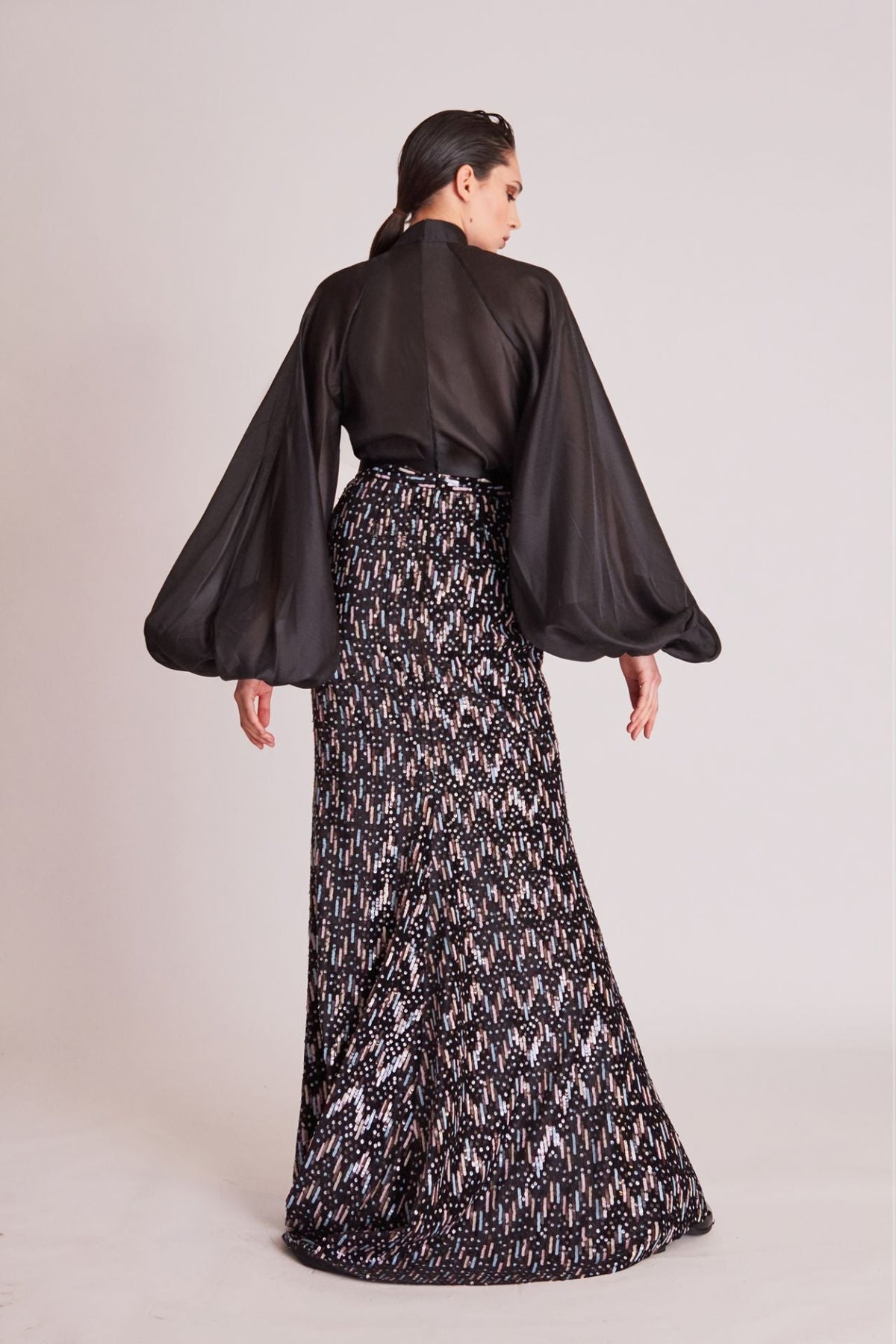 Balloon-Sleeve Sequin Skirt Set