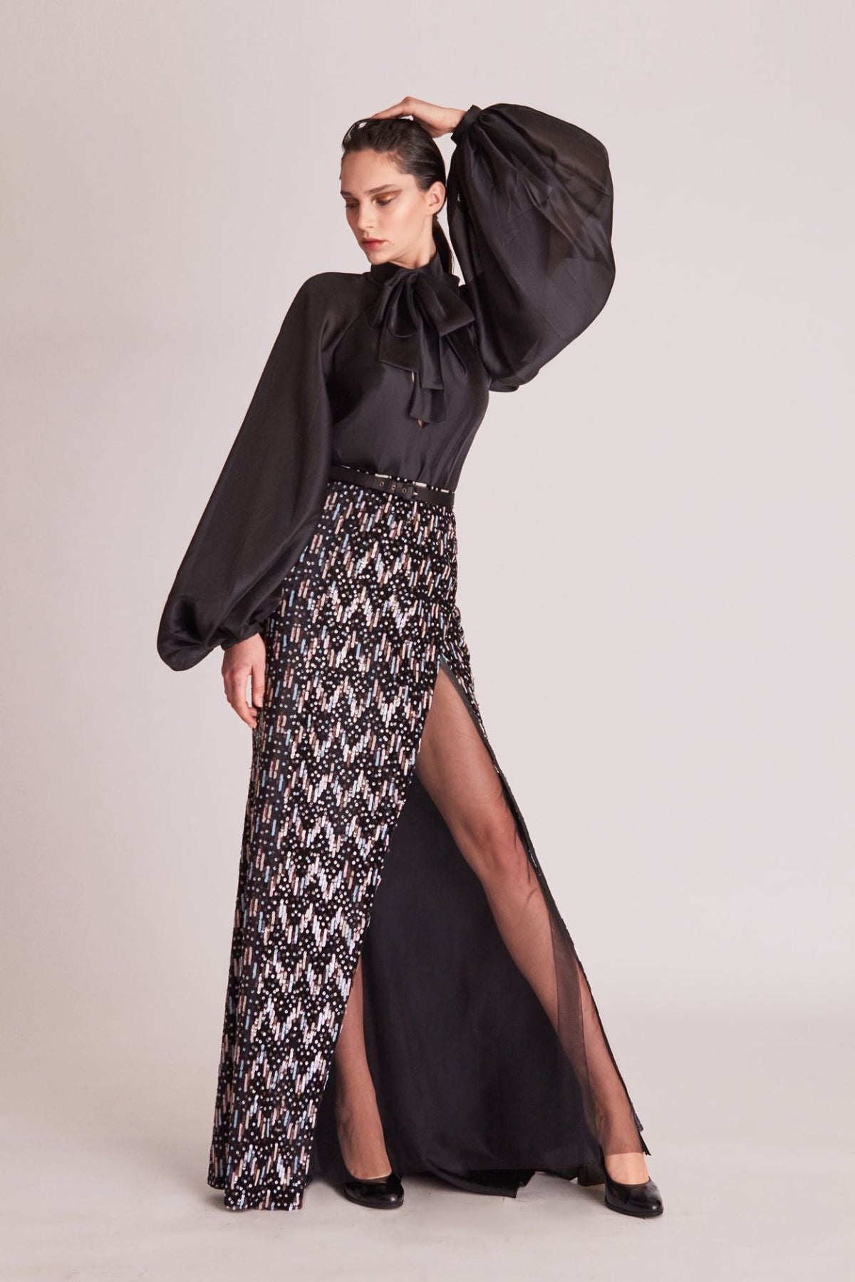 Balloon-Sleeve Sequin Skirt Set