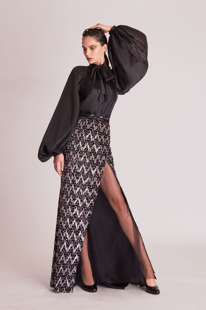 Balloon-Sleeve Sequin Skirt Set