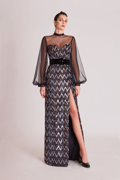 Illusion Balloon-Sleeve Sequin Gown