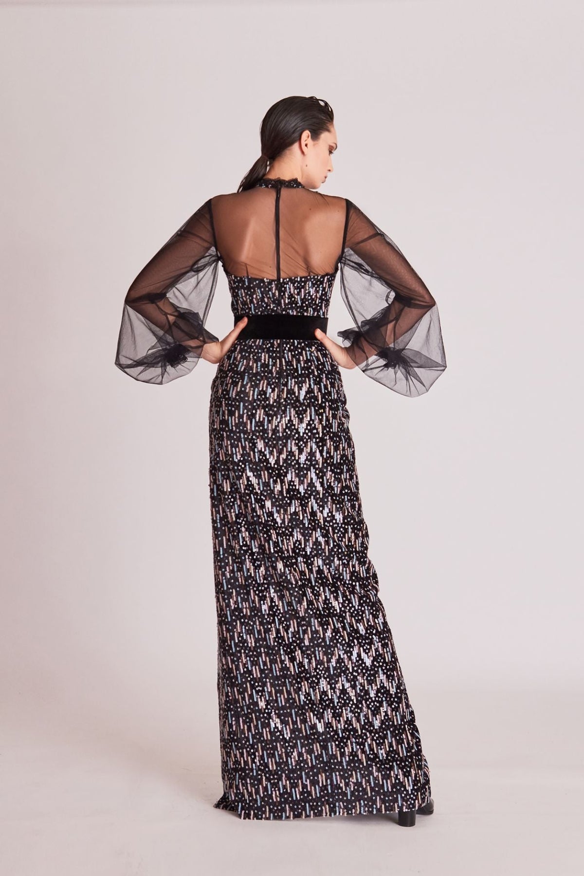 Illusion Balloon-Sleeve Sequin Gown
