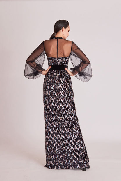Illusion Balloon-Sleeve Sequin Gown