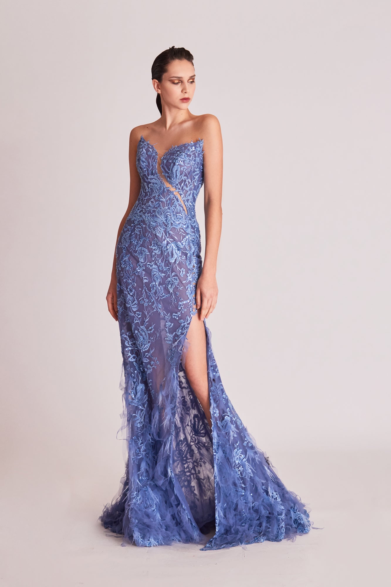 Strapless Fit and Flare Slit Gown