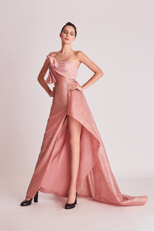 Strapless Embellished Slit Gown
