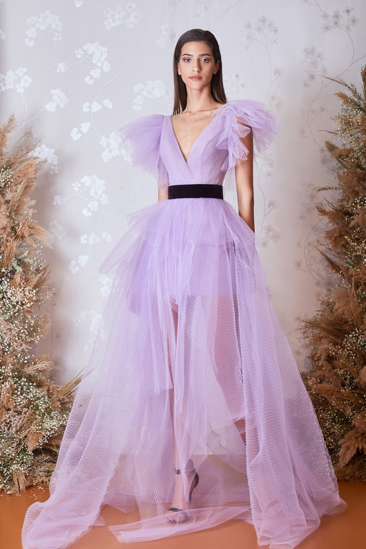 Cap Sleeve V-Neck Gown