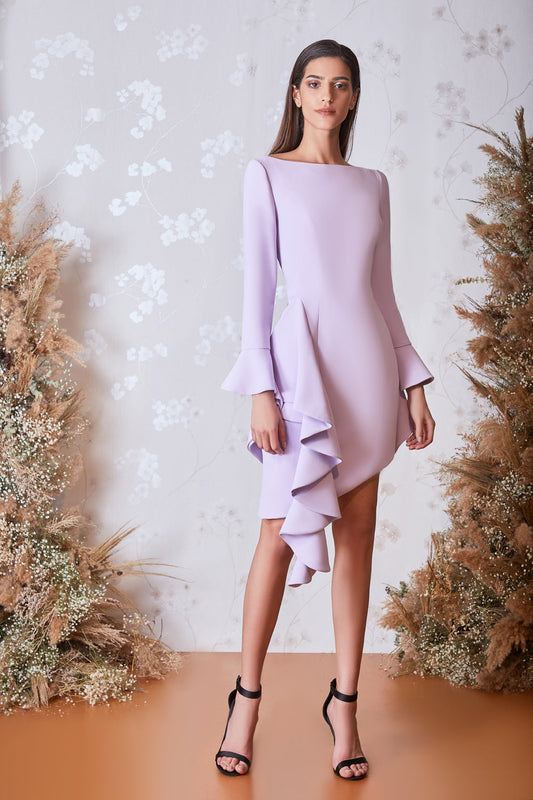 Long Sleeved Bateau Neck Ruffled Dress