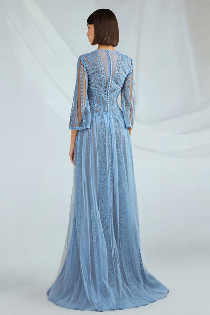 V-Neck Embroidered Tulle Gown