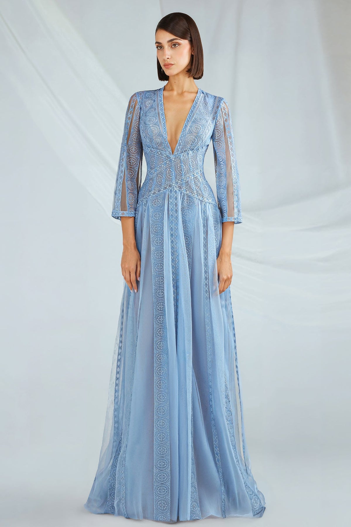 V-Neck Embroidered Tulle Gown