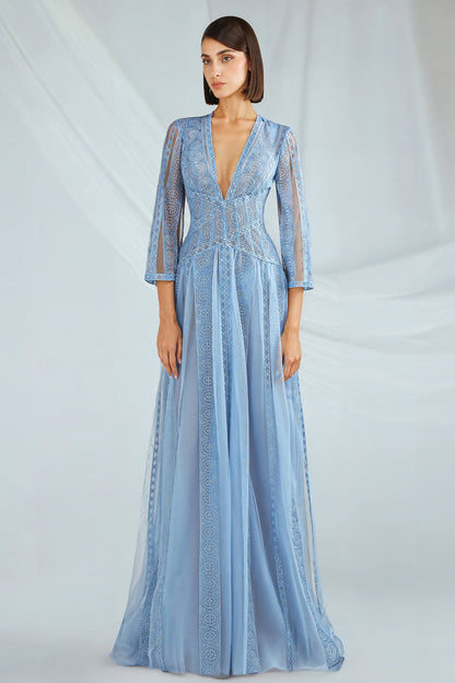 V-Neck Embroidered Tulle Gown
