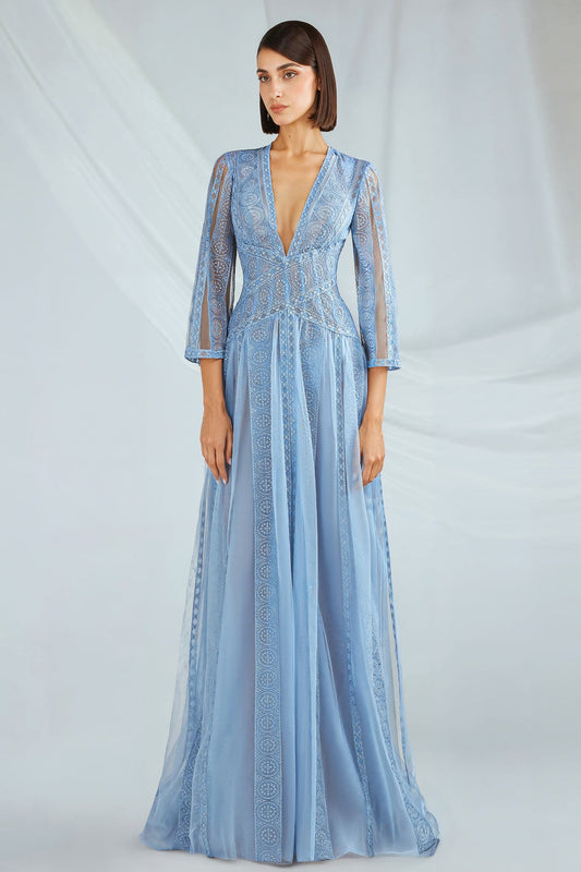 V-Neck Embroidered Tulle Gown
