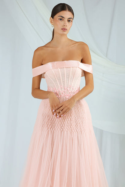 Off-Shoulder Corset Tulle Gown