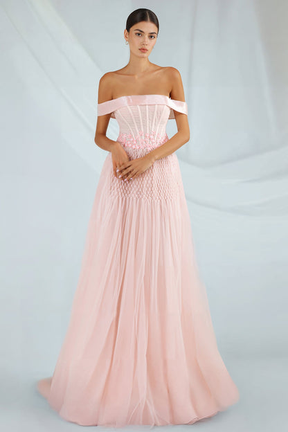 Off-Shoulder Corset Tulle Gown