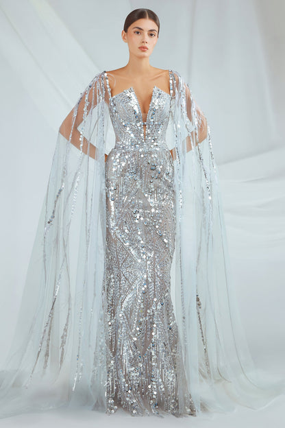 Sheer-Cape Sequin Gown