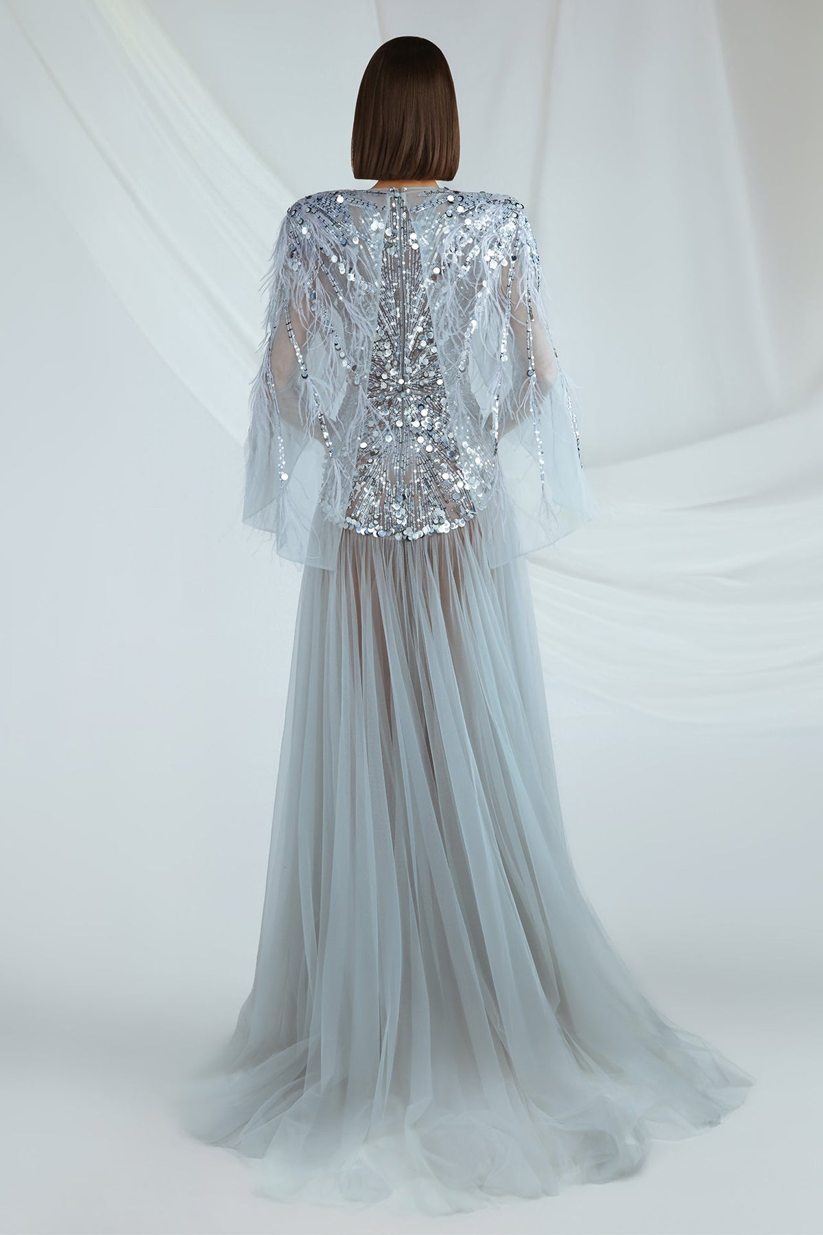 Plunging Feathered Cape Gown