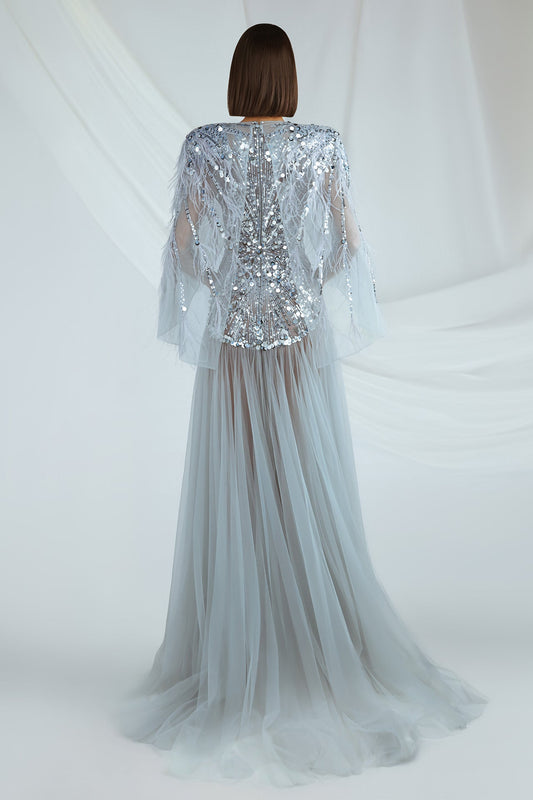 Plunging Feathered Cape Gown