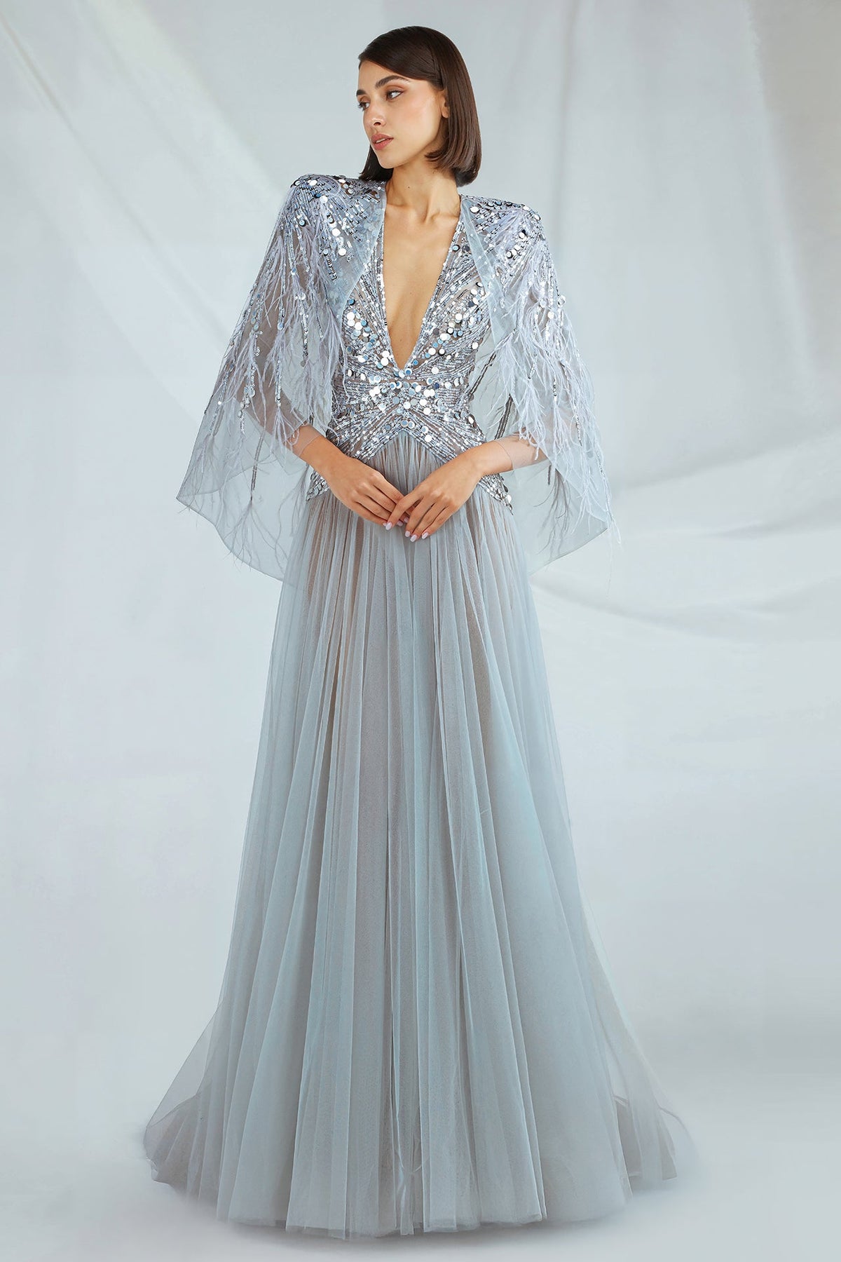 Plunging Feathered Cape Gown
