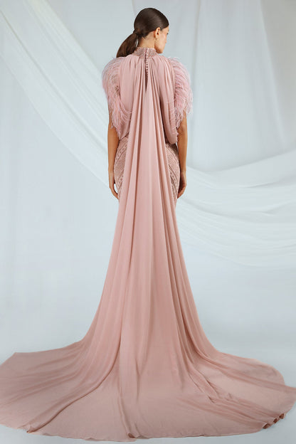 Feather-Trim Cape Gown
