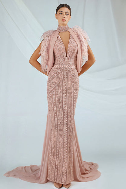 Feather-Trim Cape Gown