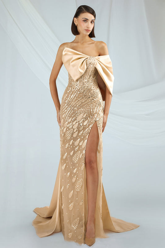 Strapless Beaded Bow Gown