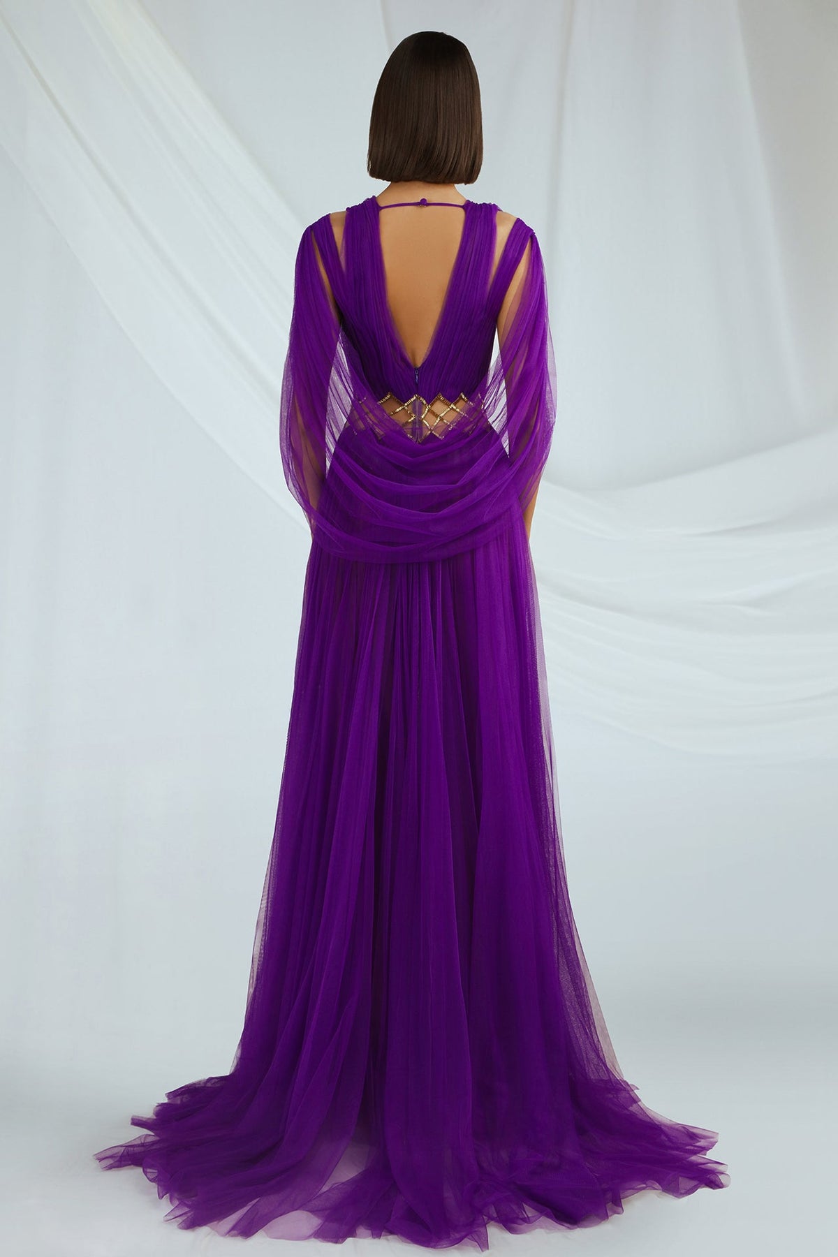 Plunging V-Neck Cape-Sleeve Gown