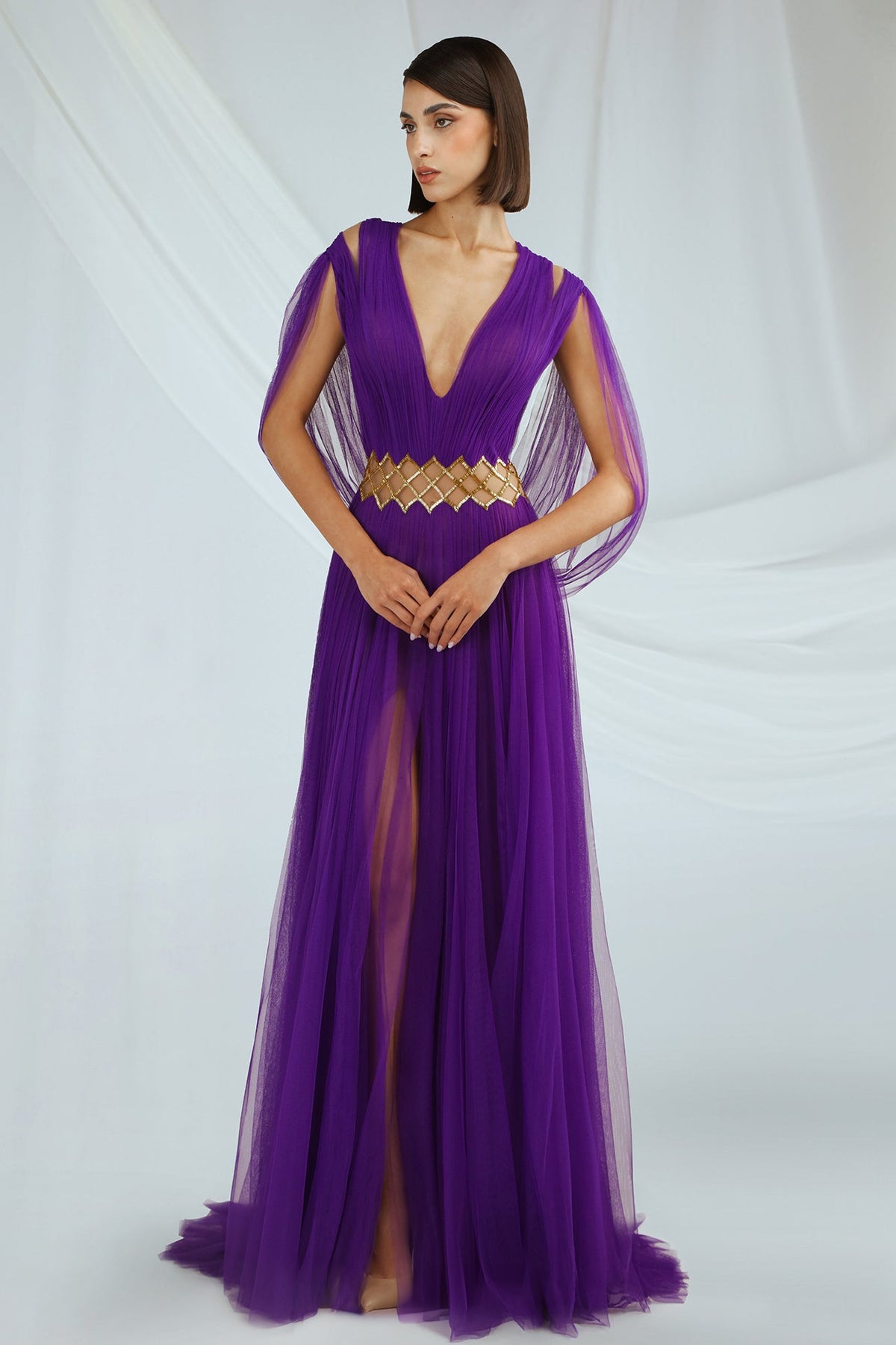 Plunging V-Neck Cape-Sleeve Gown