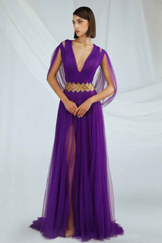 Plunging V-Neck Cape-Sleeve Gown