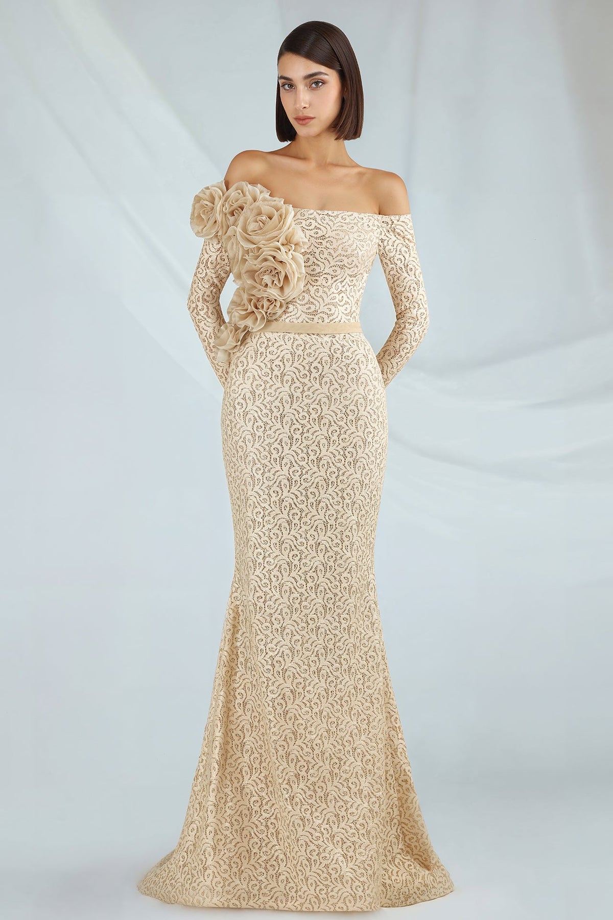 Off-Shoulder Rosette Lace Gown