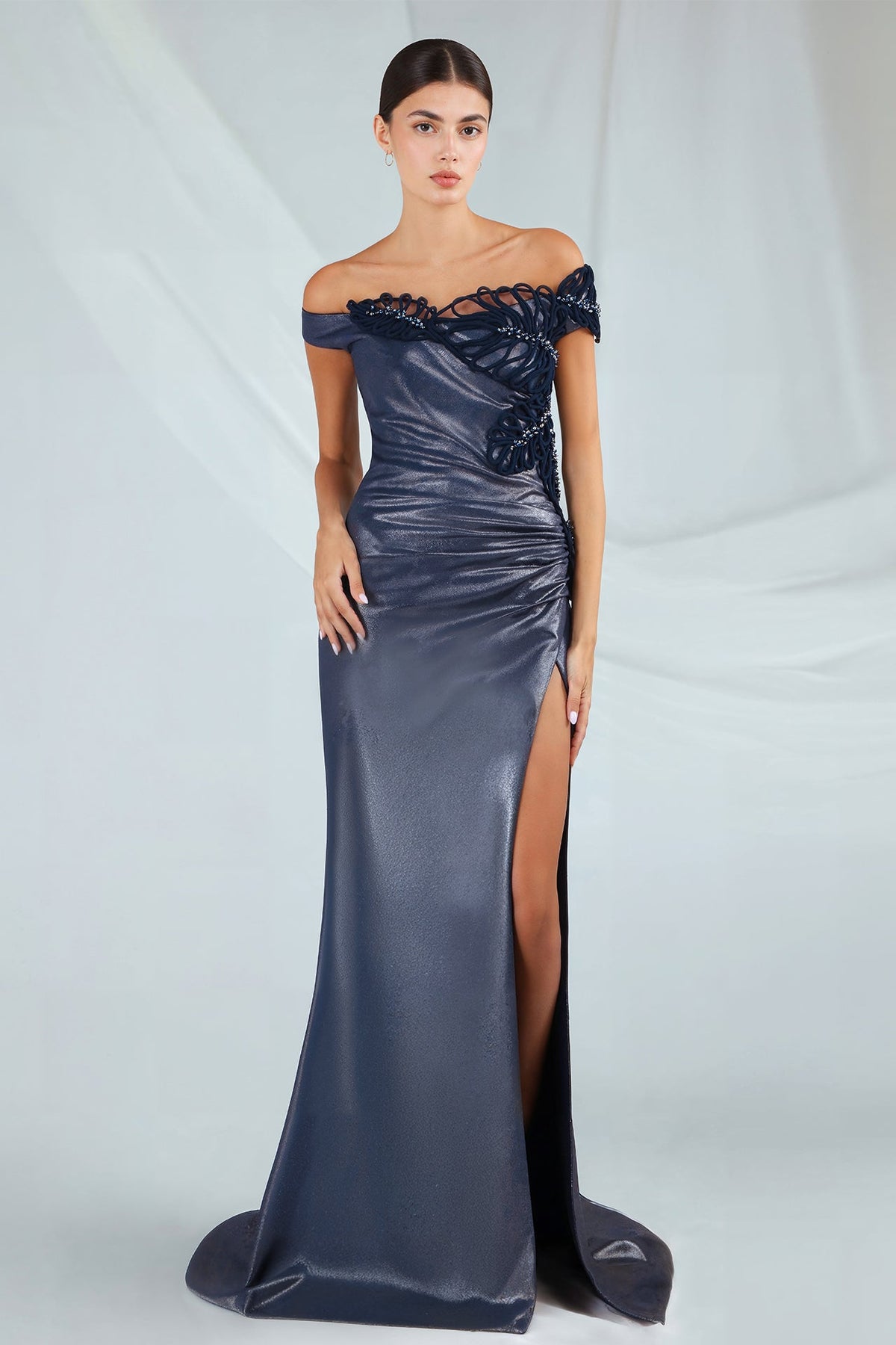 Off-Shoulder Metallic Embroidered Gown