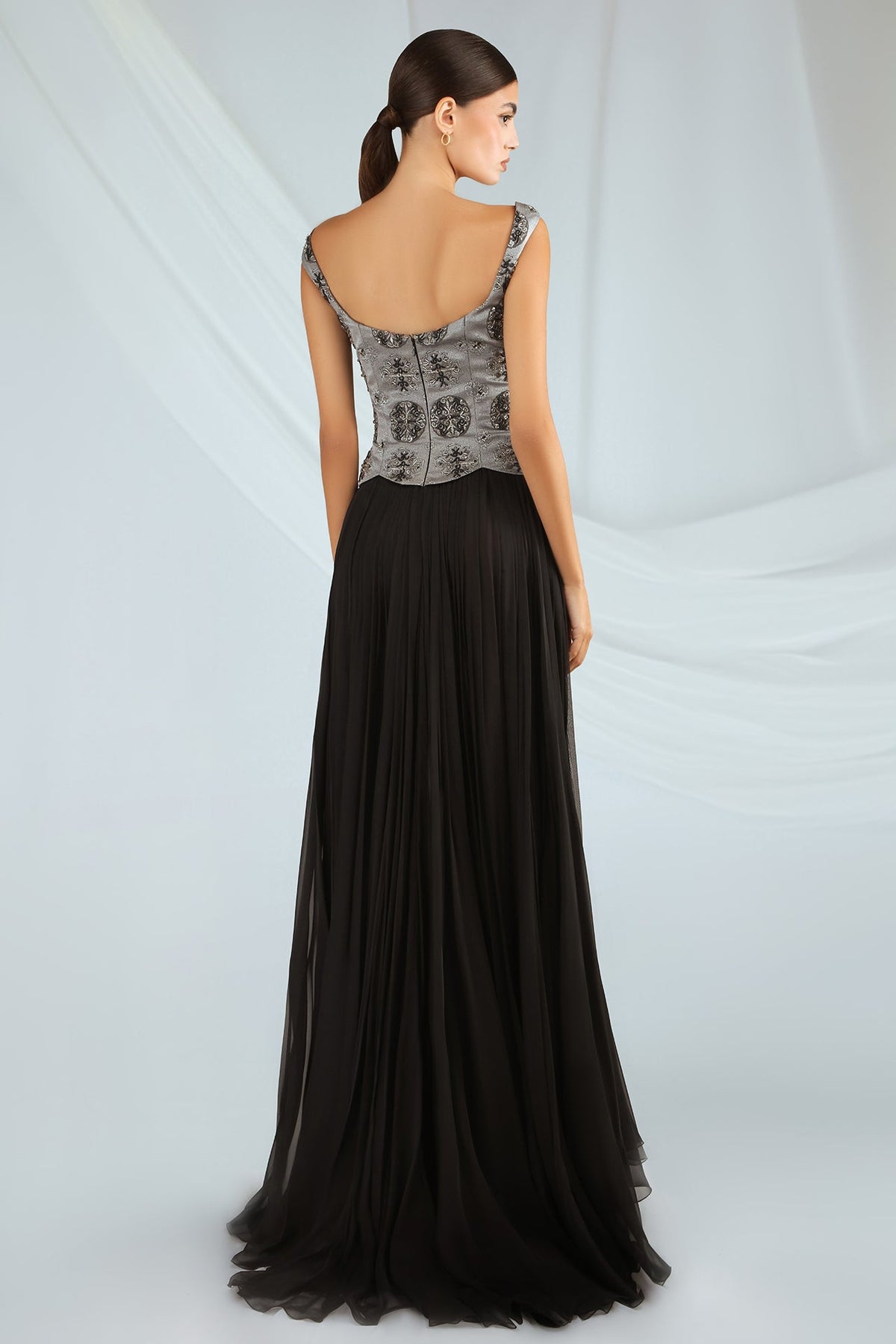 Bow-Accent Jacquard Corset Gown