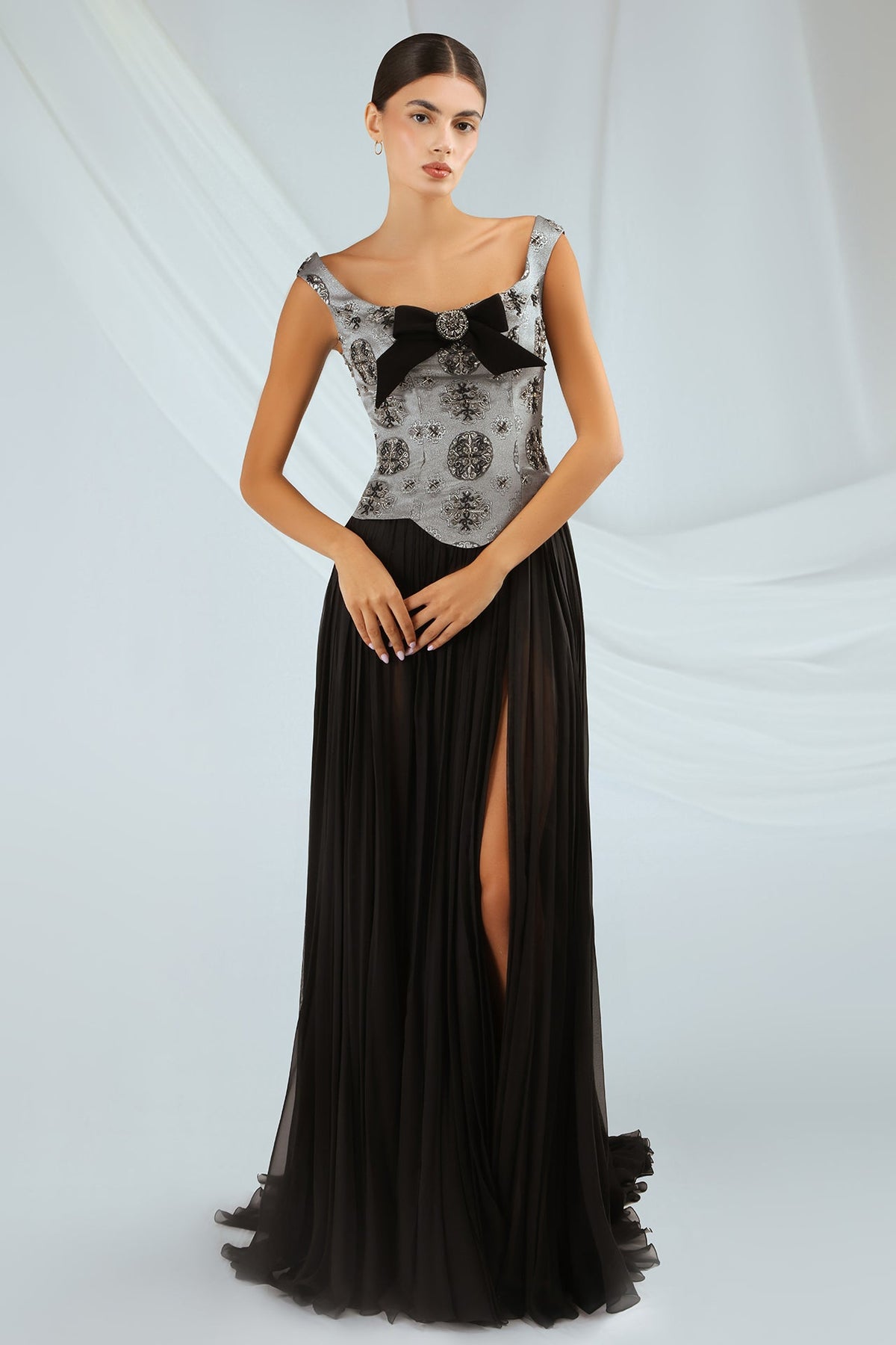 Bow-Accent Jacquard Corset Gown