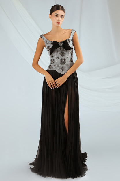 Bow-Accent Jacquard Corset Gown