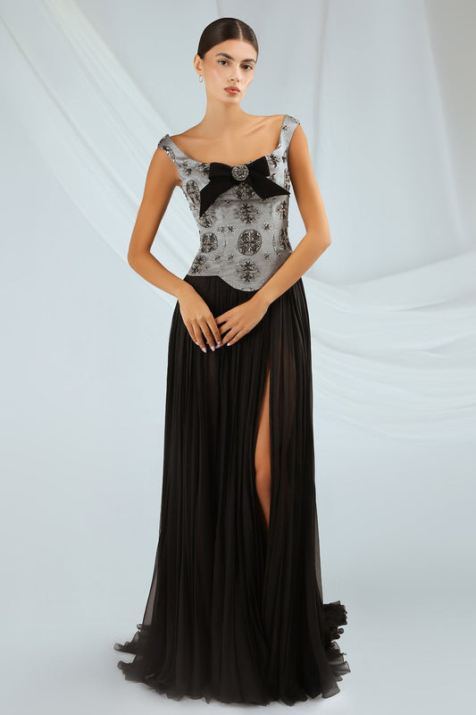 Bow-Accent Jacquard Corset Gown