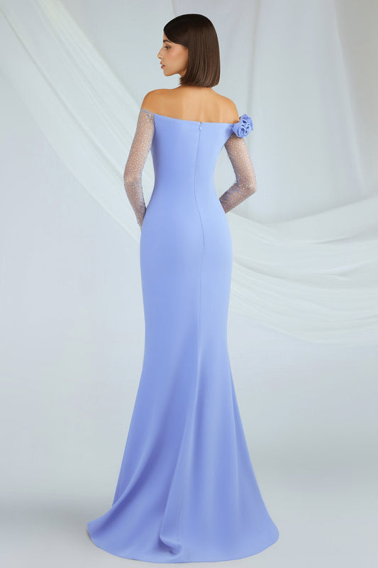 Crystal-Sleeve Flower Mermaid Gown