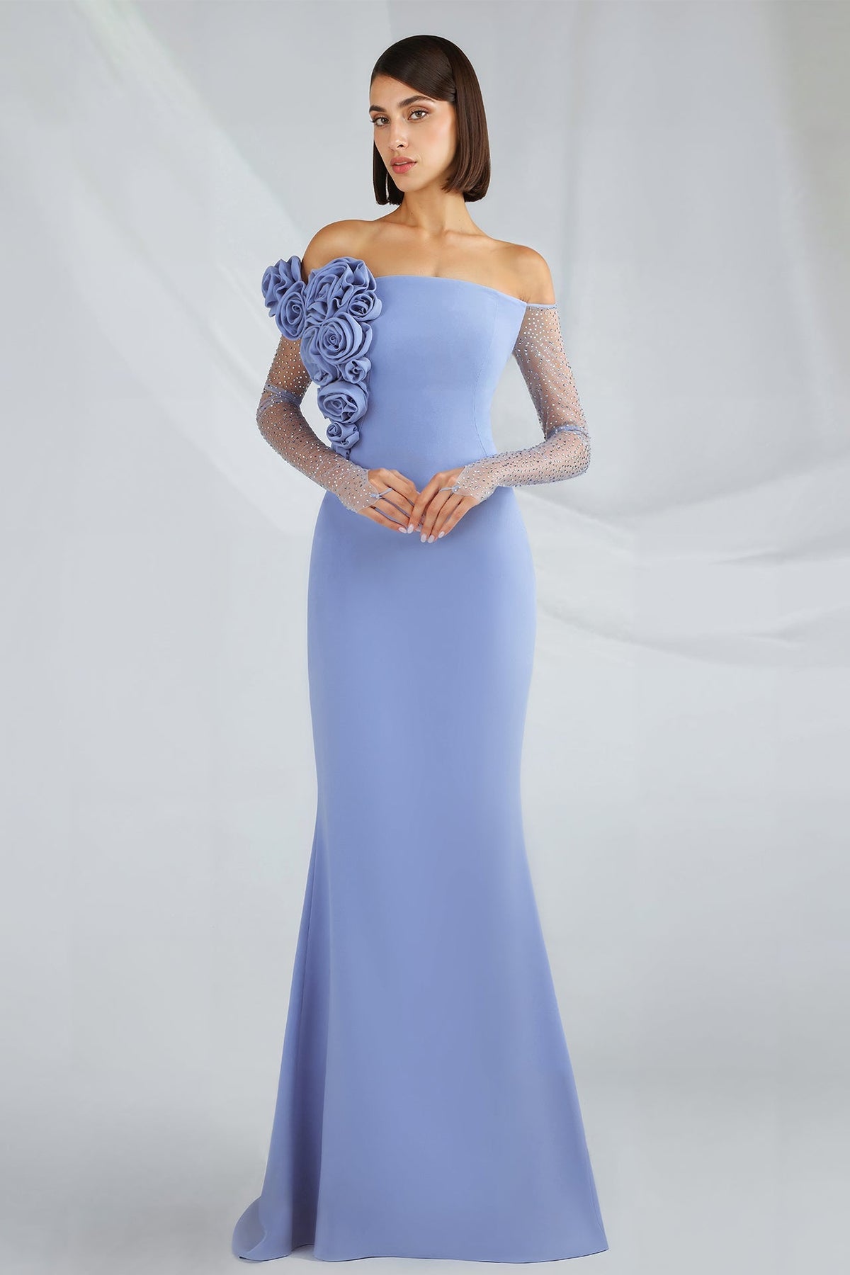 Off-Shoulder Crystal-Sleeve Gown