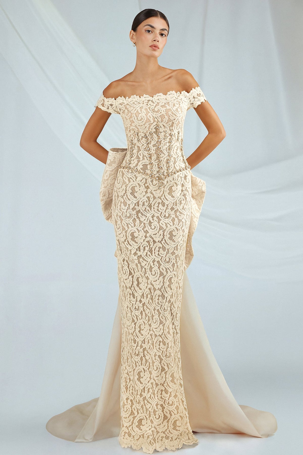 Off-Shoulder Lace Bow Gown