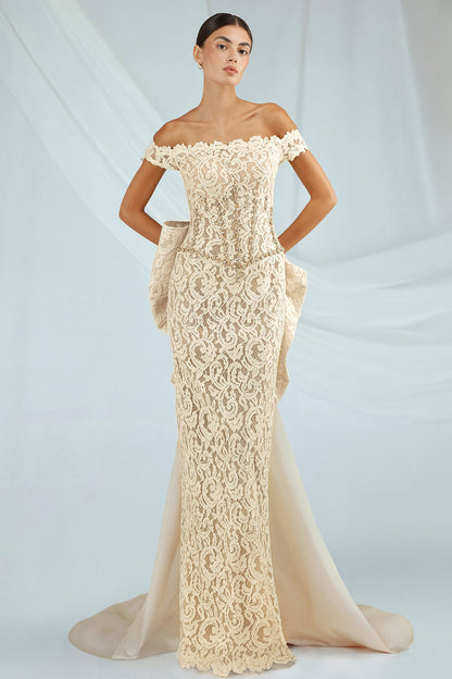 Off-Shoulder Lace Bow Gown