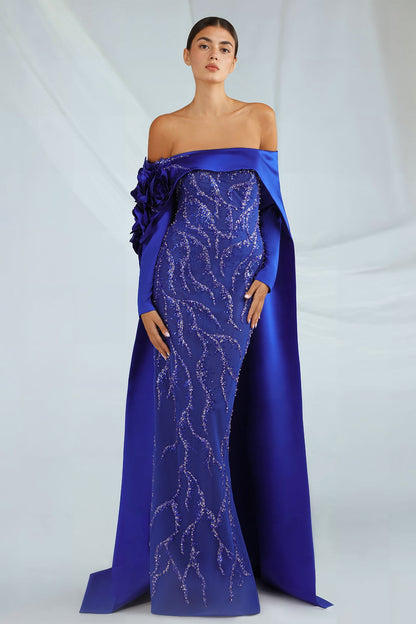Beaded Satin Cape Gown