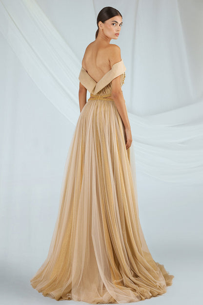 Off-Shoulder Pleated Tulle Gown