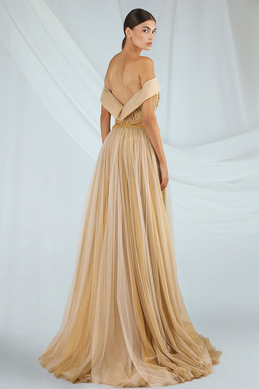 Off-Shoulder Pleated Tulle Gown