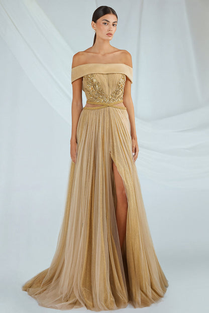 Off-Shoulder Pleated Tulle Gown