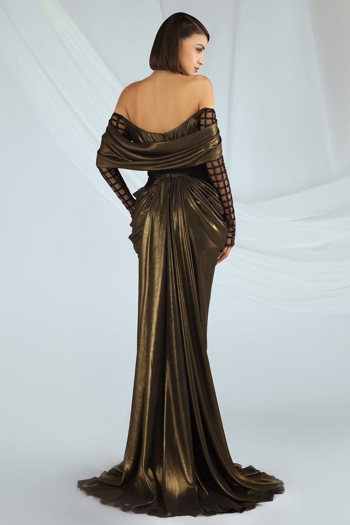 Draped Off-Shoulder Lattice-Sleeve Gown