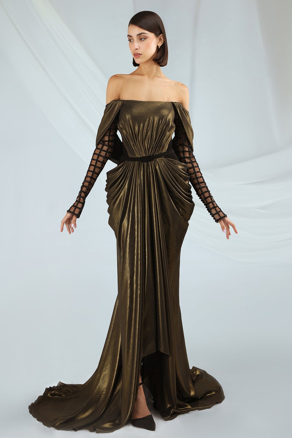 Draped Off-Shoulder Lattice-Sleeve Gown