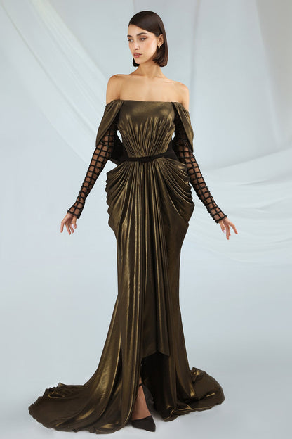 Draped Off-Shoulder Lattice-Sleeve Gown