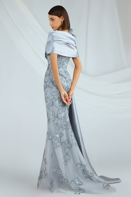 Strapless Floral Wrap Gown