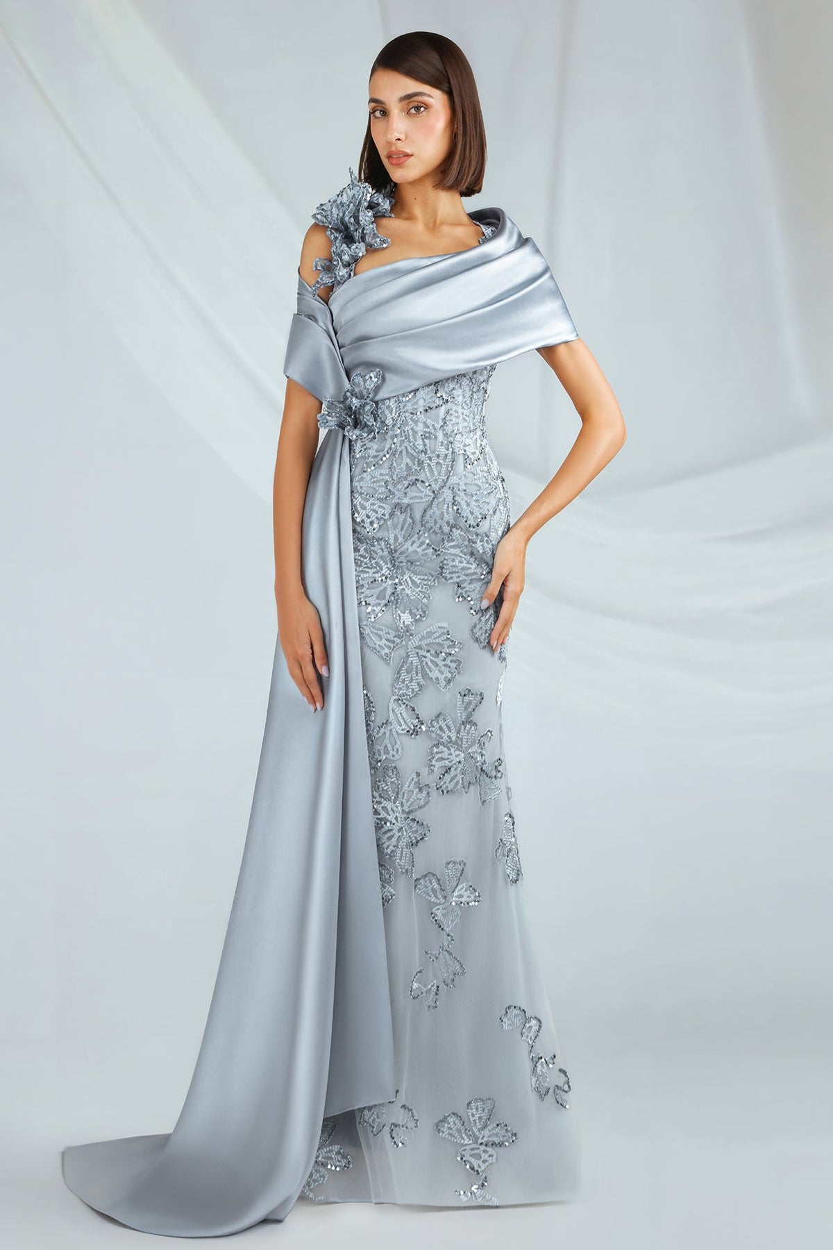Strapless Floral Wrap Gown