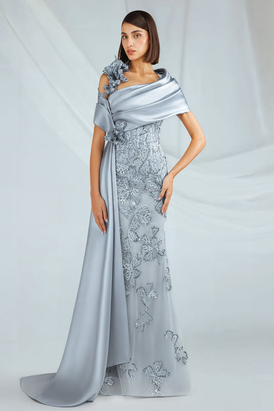 Strapless Floral Wrap Gown
