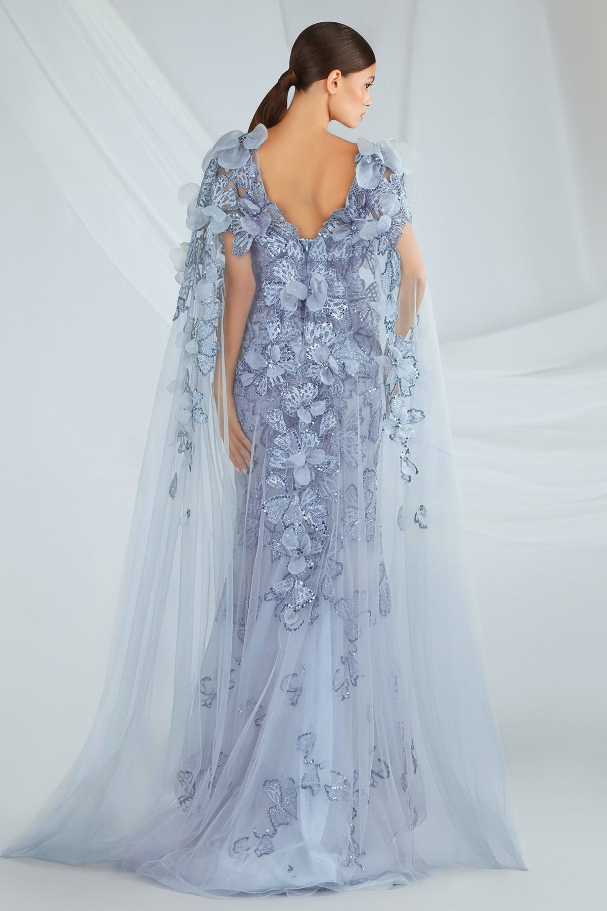 Floral Appliqué Cape Gown
