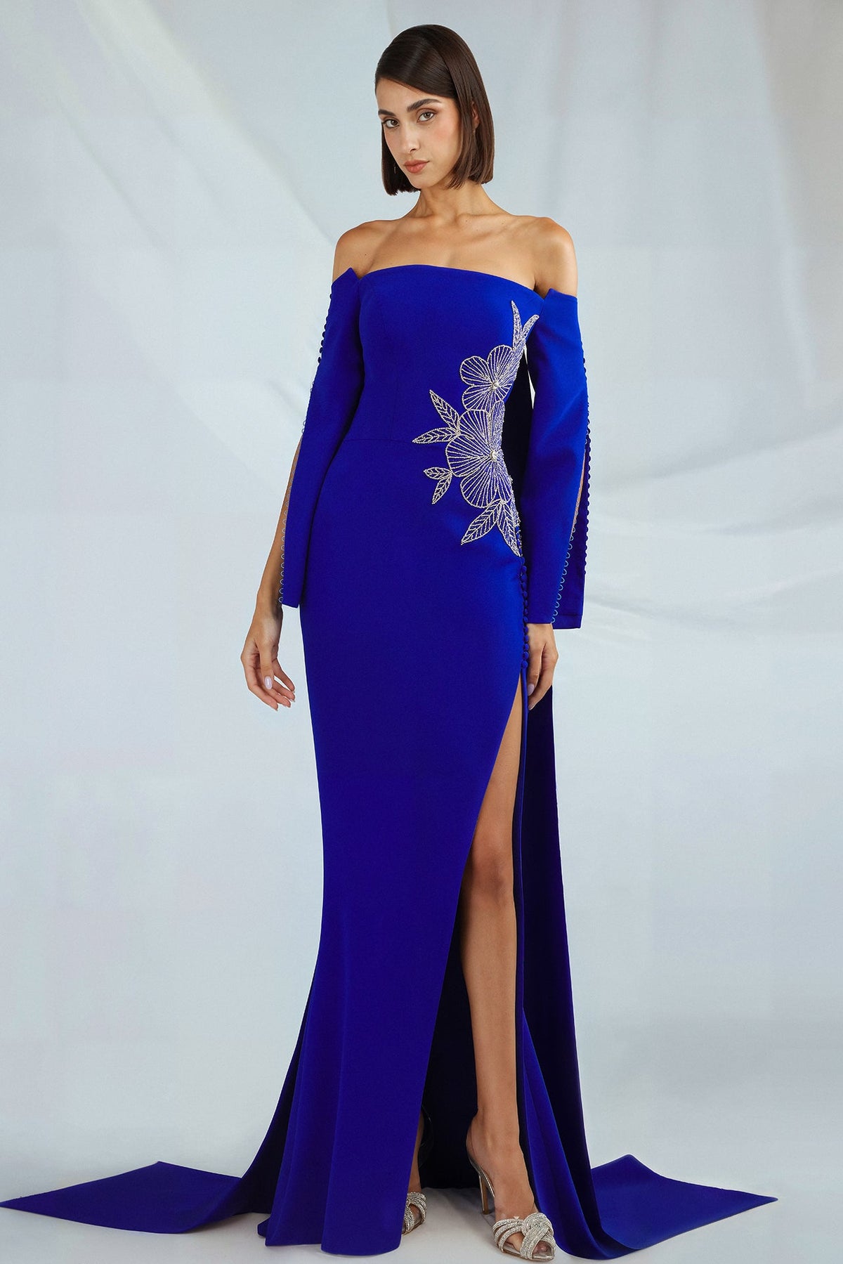 Off-Shoulder Embroidered Split-Sleeve Gown