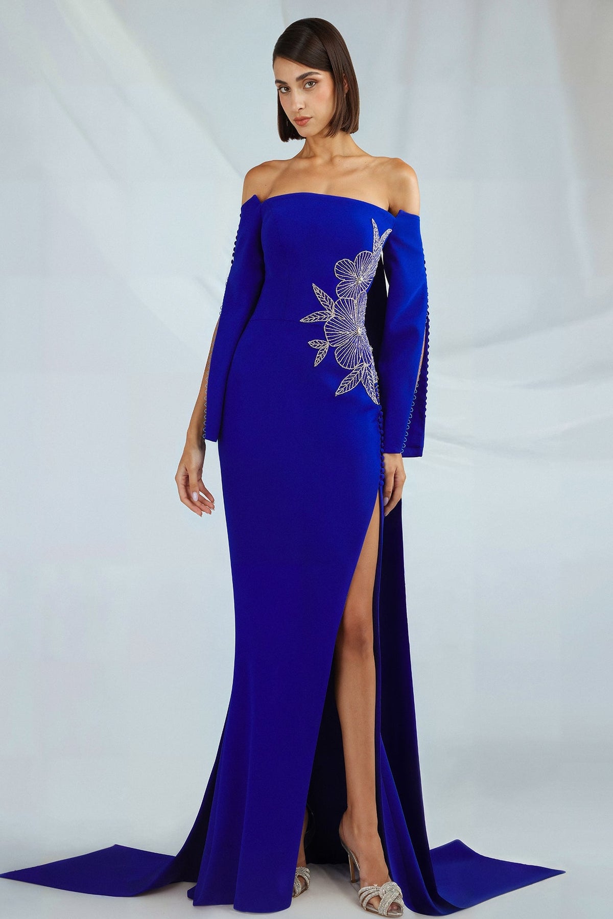 Off-Shoulder Cape-Back Gown